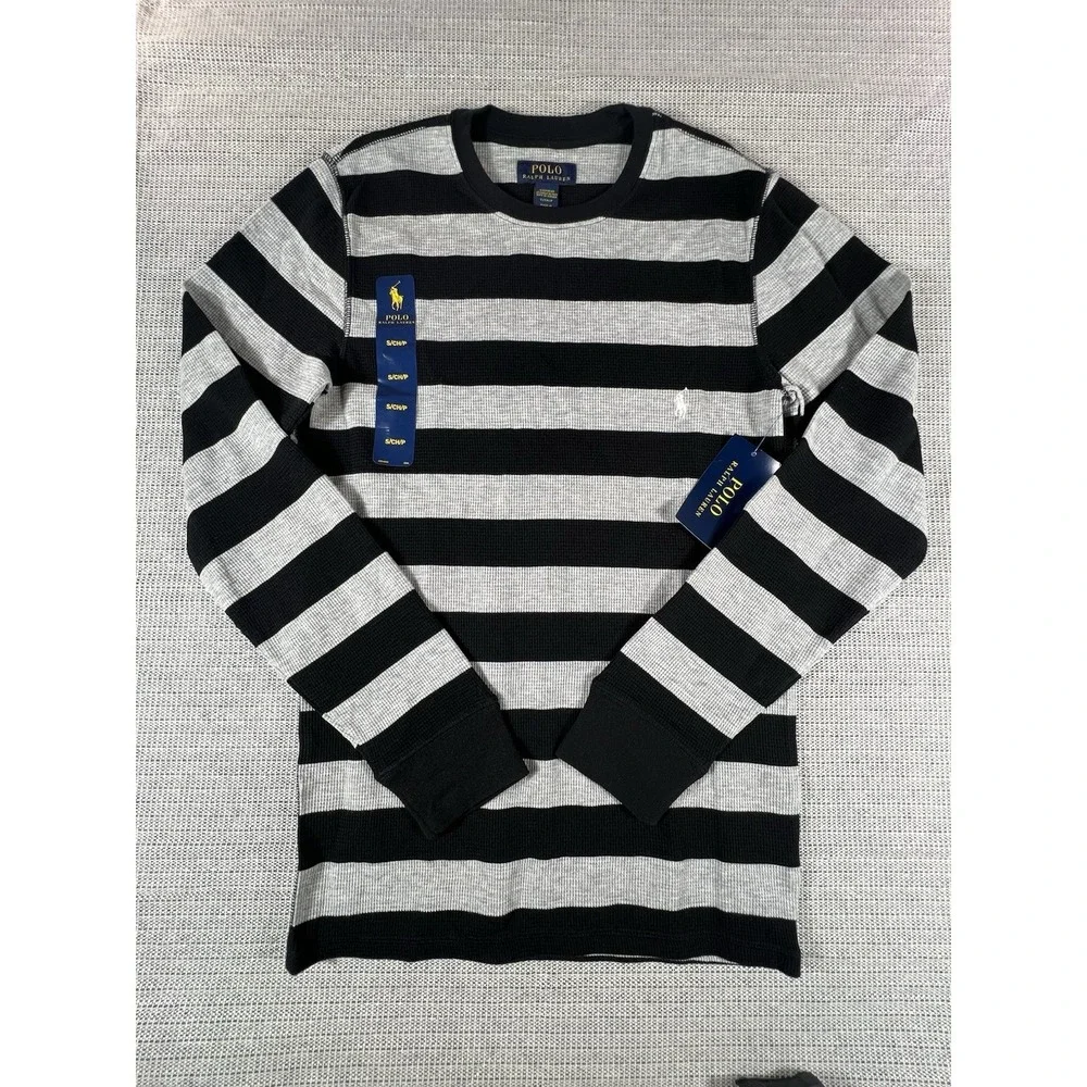 Polo Ralph Lauren Waffle Knit Size SMALL  T Shirt Black Gray Crew Neck